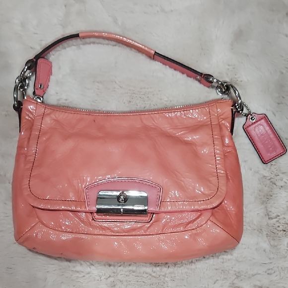 Coach Handbags - AI IS Coach Kristin Coral Pink Patent Leather Shoulder Bag with Silver Hardware